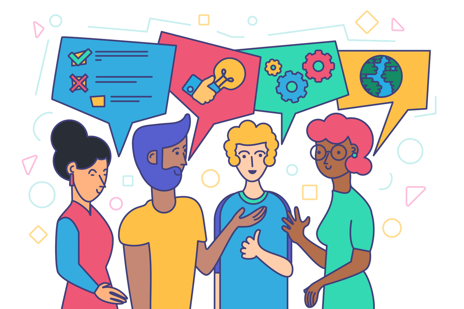 Illustration representing diverse people participating in discussion
