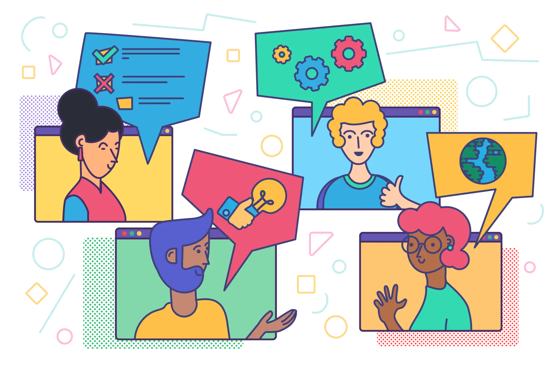 Illustration of people discussing ideas together